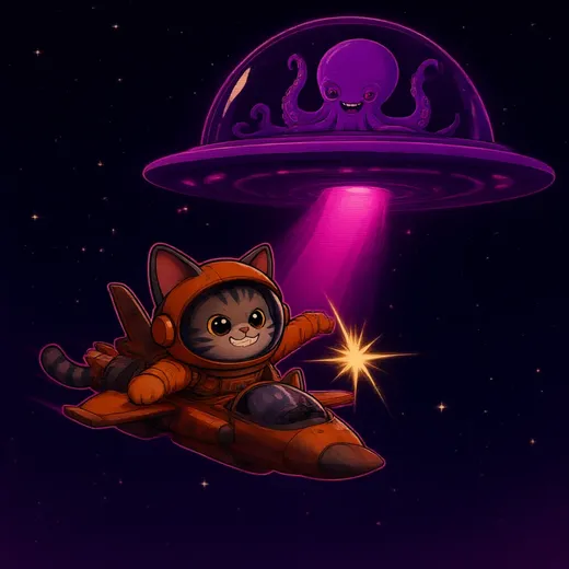A grinning octopus alien in a neon purple saucer above the Starclaw