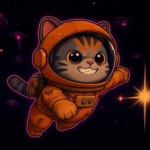 Captain Fuzz, grey tabby pilot in a dented orange suit