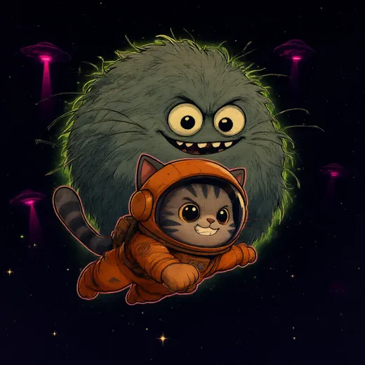 A goofy fuzzy hairball monster with googly eyes looming behind Captain Fuzz