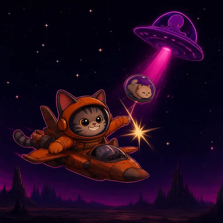 The Starclaw swooping under a kitten as a saucer beams it up