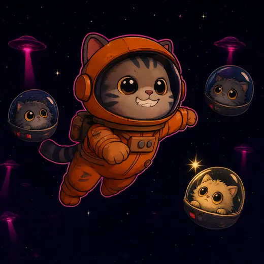 Captain Fuzz flying past kittens drifting in little glass pods